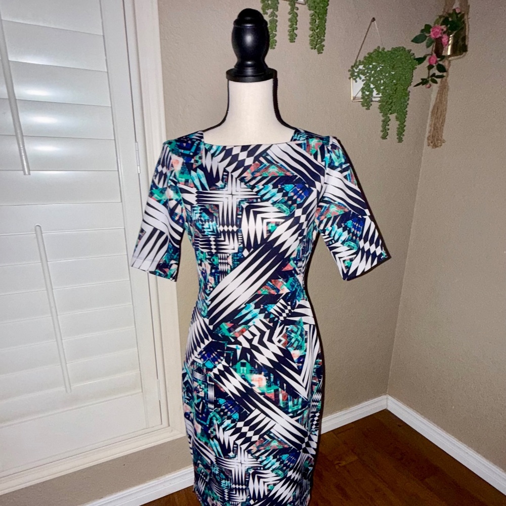 Gabby Skye Geometric Abstract Print Dress - Size 4, Navy Teal Zigzag Vibes
